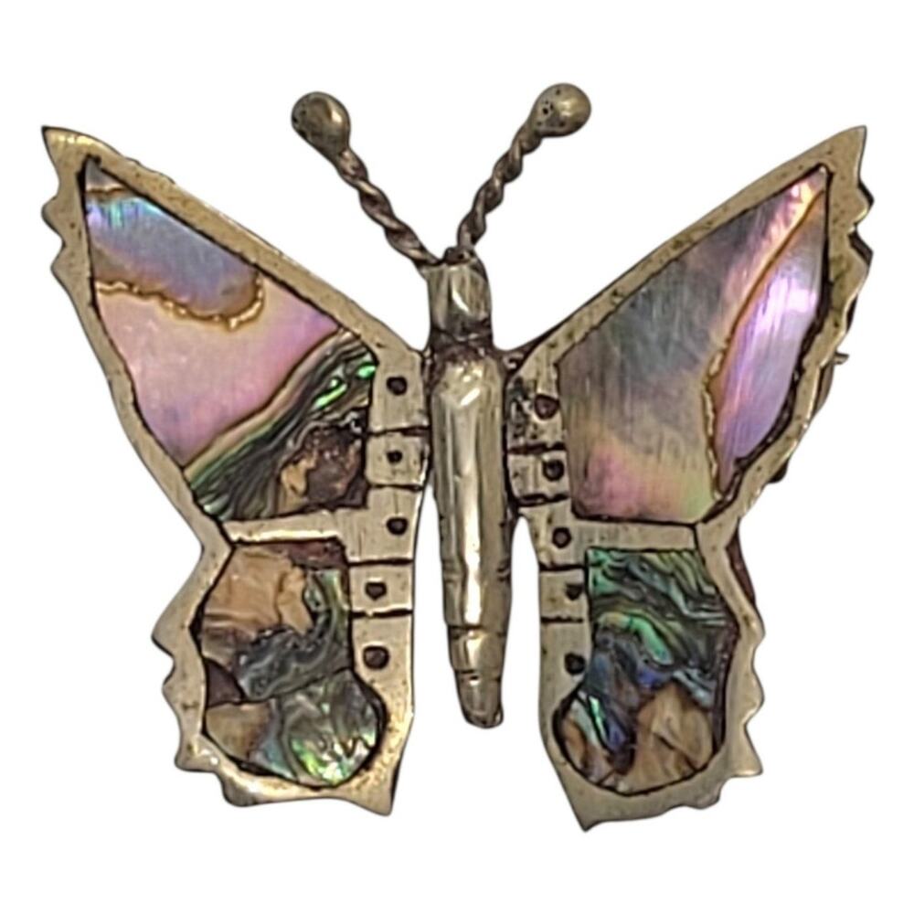 Vintage Mexico Alpaca Silver Abalone Shell Butterfly Brooch Pin Fairycore